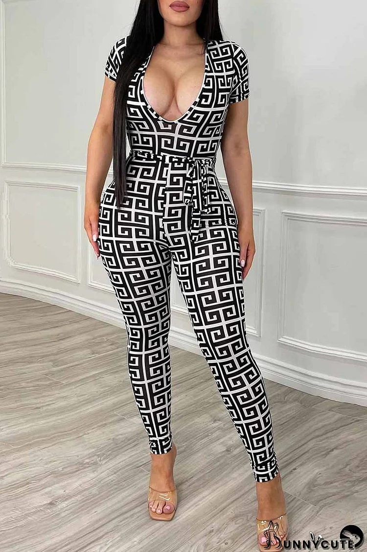 Black And White Fashion Casual Print Patchwork V Neck Jumpsuits