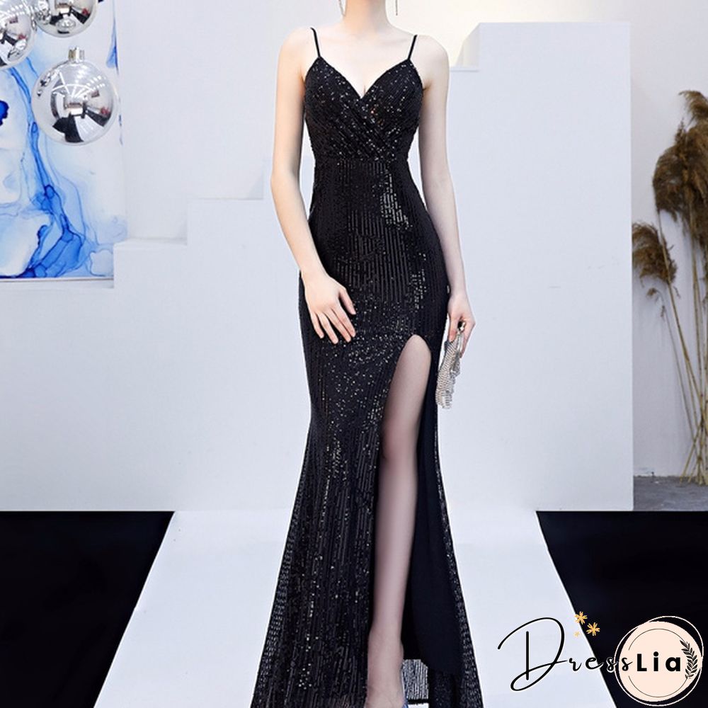 New Women Sexy Sequin Spaghetti Straps Dress Deep V Neck Sleeveless High Slit Dress Prom Formal Cocktail Pageant Party Dress Long Evening Dress