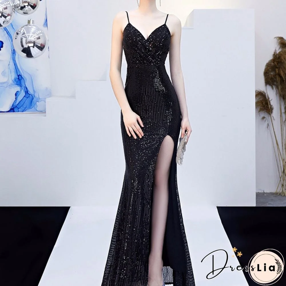 New Women Sexy Sequin Spaghetti Straps Dress Deep V Neck Sleeveless High Slit Dress Prom Formal Cocktail Pageant Party Dress Long Evening Dress