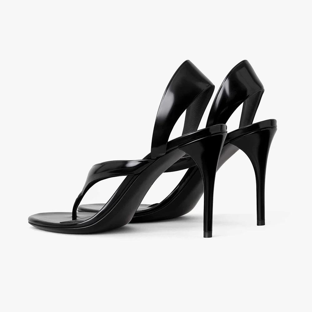 Patent Leather Open Toe Slingback Flip Flop Black Heels Sandals
