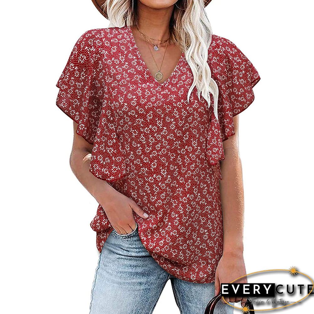 Red V Neck Floral Print Ruffle Short Sleeve Tops