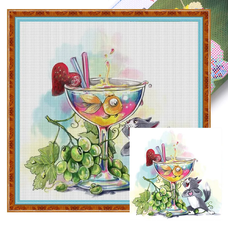 【Yishu Brand】Goldfish And Cat In Cup 11CT Stamped Cross Stitch 50*50CM