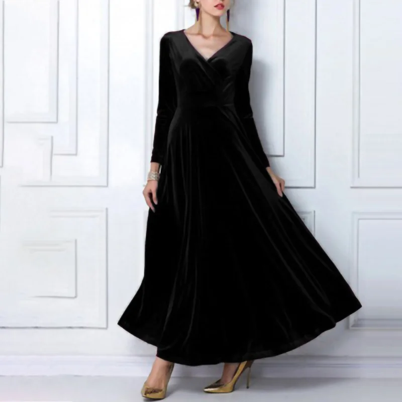 Elegant Solid Long Sleeved V-neck Velvet Maxi Dresses