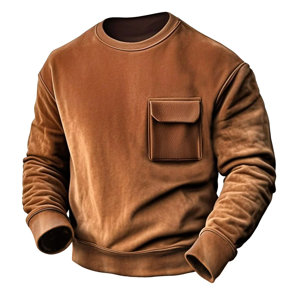 Men's Vintage Brown Suede Fleece Pocket Long Sleeve Crewneck Sweatshirt