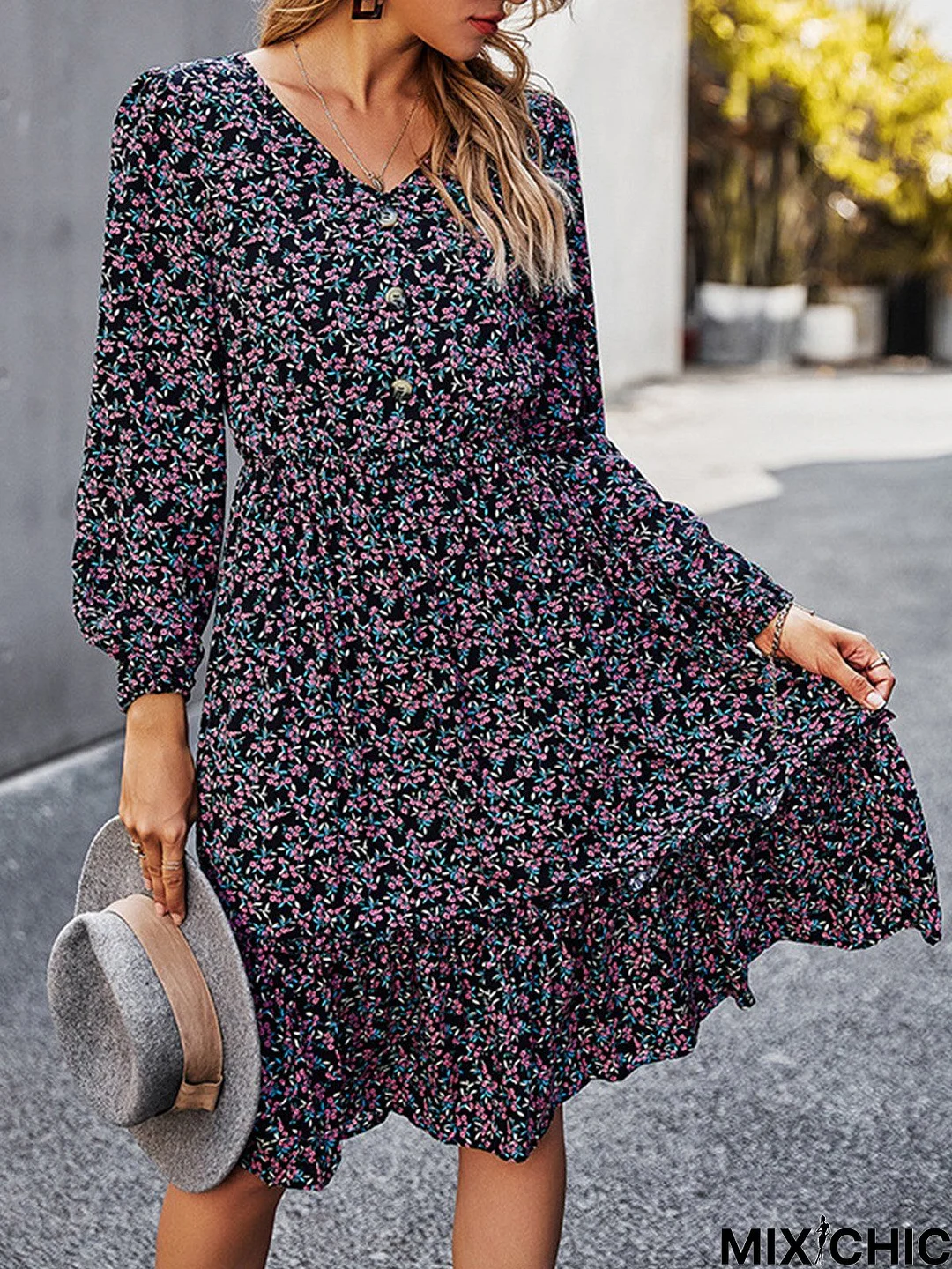 Floral Printed V Neck Long Sleeve Midi Dress