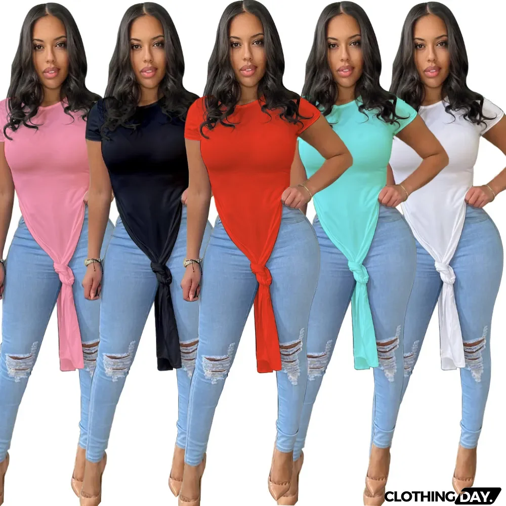 Cute Solid Color Slit T-Shirt Top