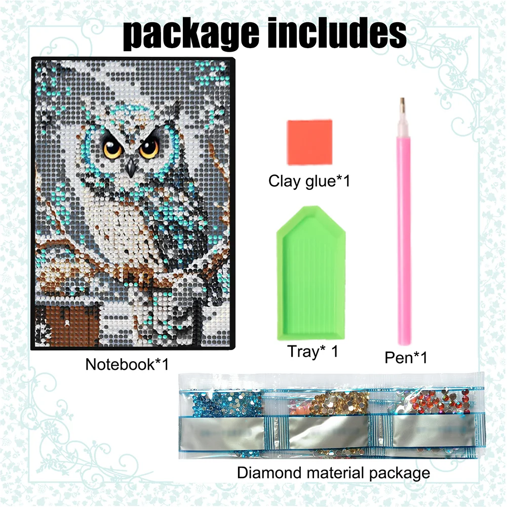 5D DIY Owl Diamond Art Painting Notebook Kit Crystal Notepad Sketchbook Gifts