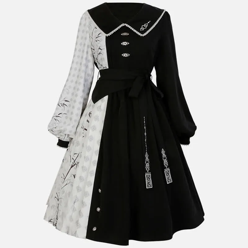 Vintage Bamboo Print Lapel Colorblock Dress