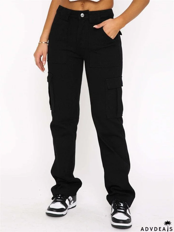 Female Leisure Loose-fitting Mid Waist Multi Pockets Trousers