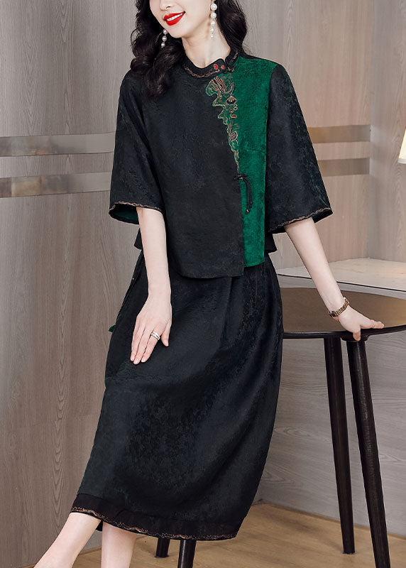 VCSHOES Black Embroideried Tops And Skirts Silk Two Piece Set Outfits Summer