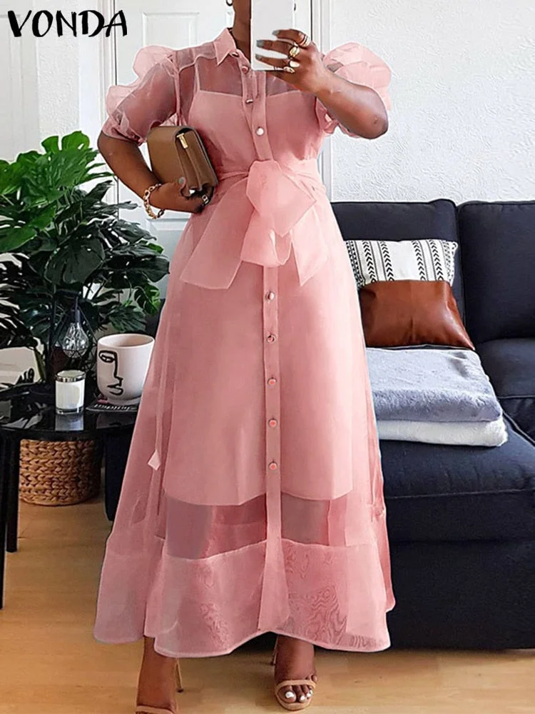 Elegant Robes Women Summer Pleated Puff Sleeve Loose Dresses VONDA Casual Lapel Collar Button Up Baggy Vestido Oversize Sundress
