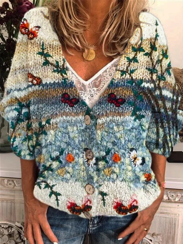 Butterfly & Floral Pattern Women's Knit Cardigan