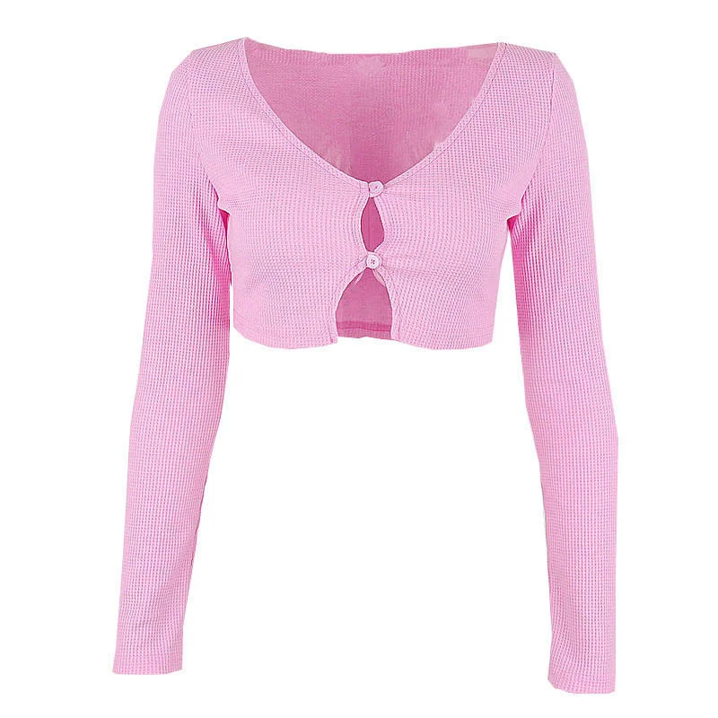 Brownm Brownm 2023 New Hot Style Sexy V-Neck Long-Sleeve Cardigan Super Short Slim T-Shirt Top Female