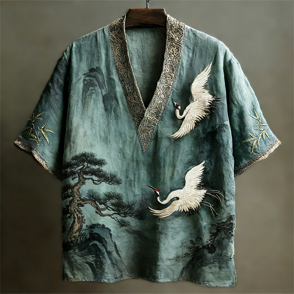 Japanese Crane Landscape Painting Art Linen V-neck Shirt  artssus
