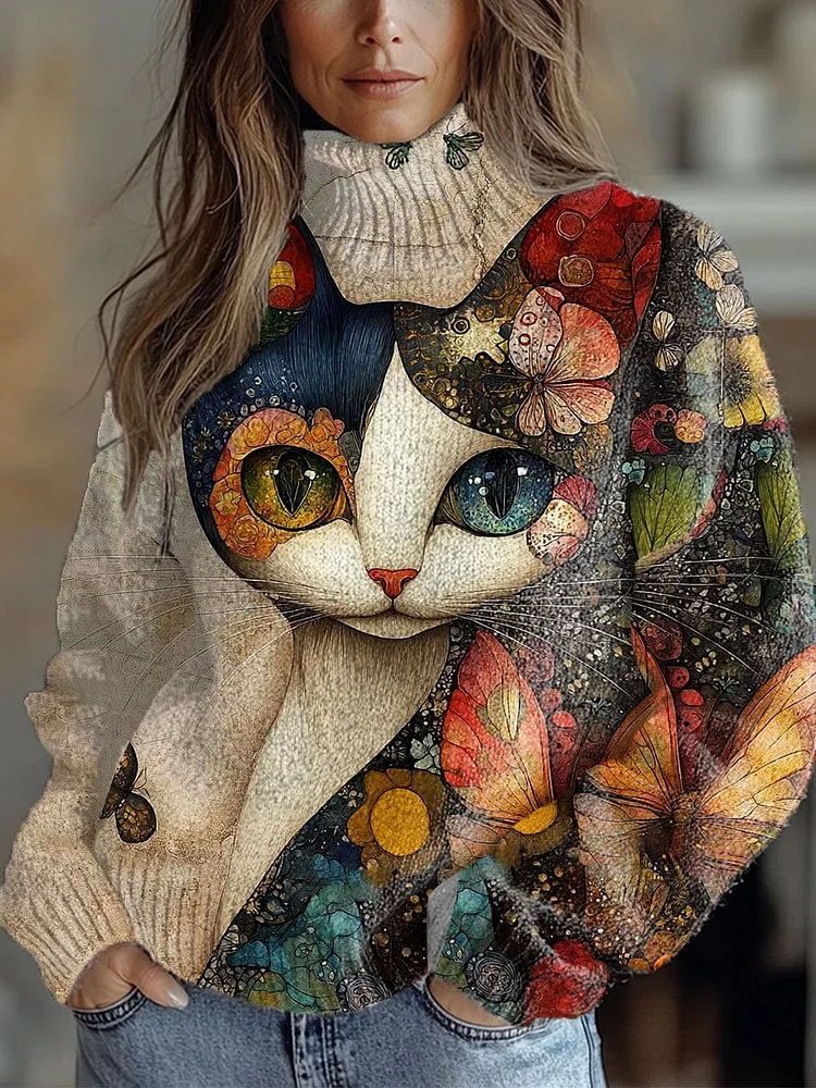 Retro Cats Art Print Knit Turtleneck Pullover Sweater