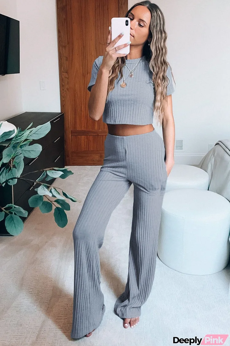 Cropped Tee and Wide Legs Pants Ribbed Knit Lounge Set