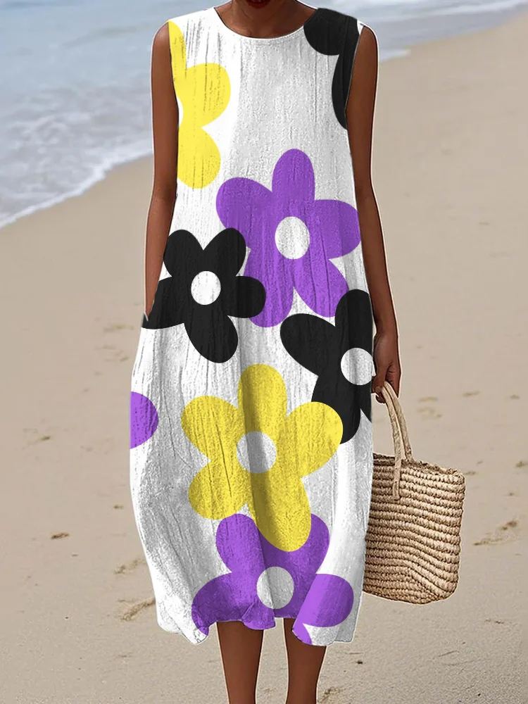 VChics Non-binary Flowers Pattern Flowy Linen Dress