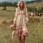 Women's Vintage Pink Rose And Polka Dot Casual Linen Dress - Image 2
