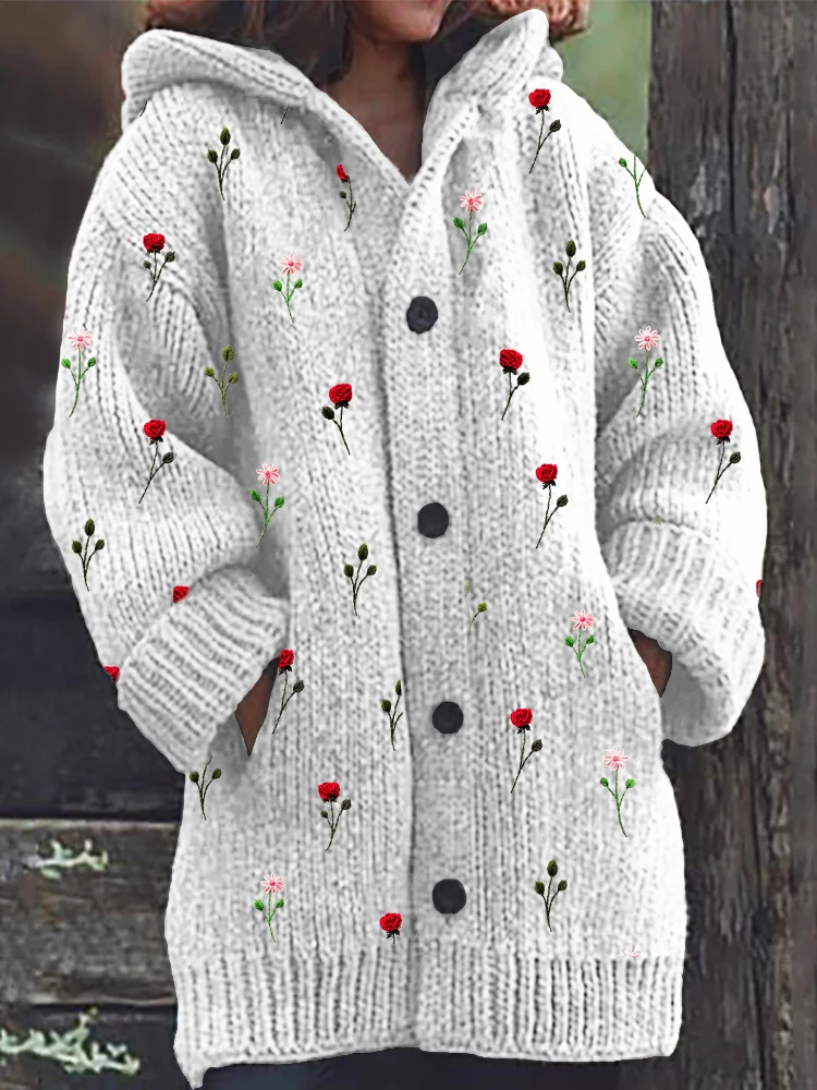 VChics Red Rose Knit Pattern Cozy Hooded Cardigan