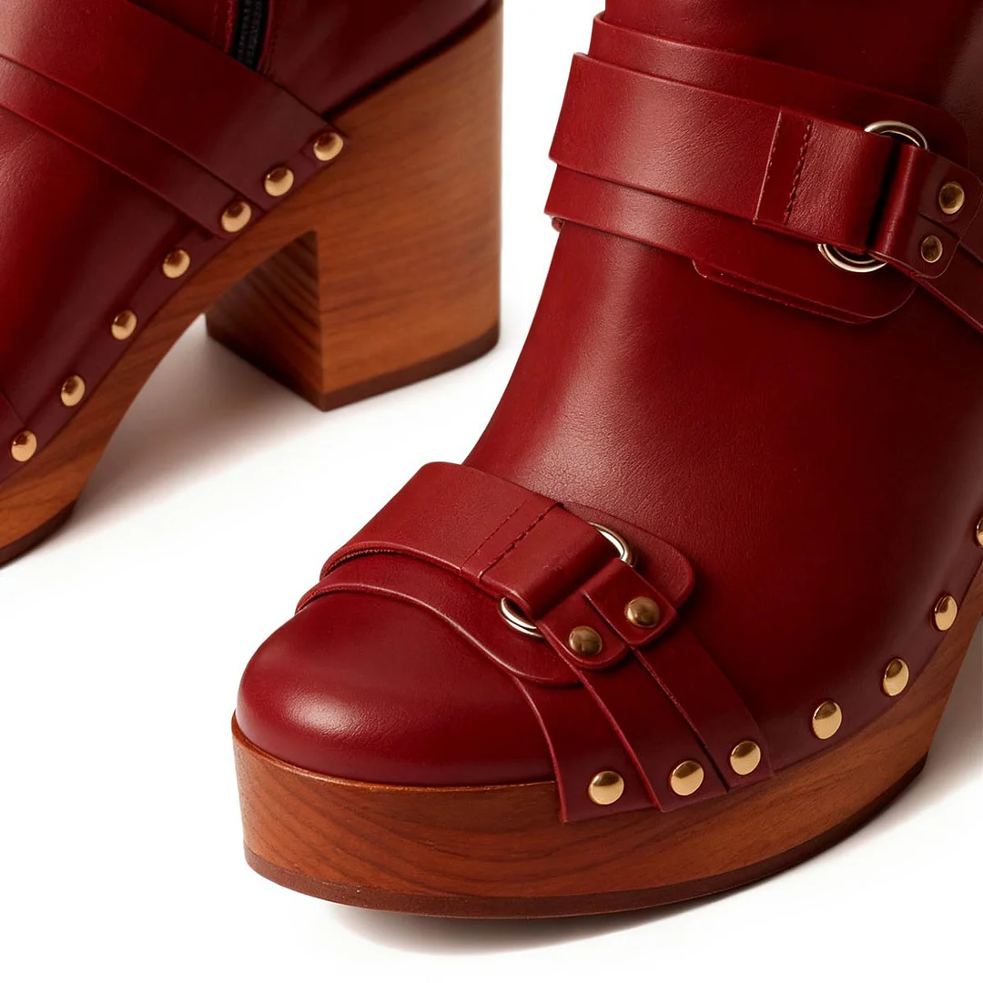 Women's Maroon Studded Round Toe Platform Heeled Booties with Zipper