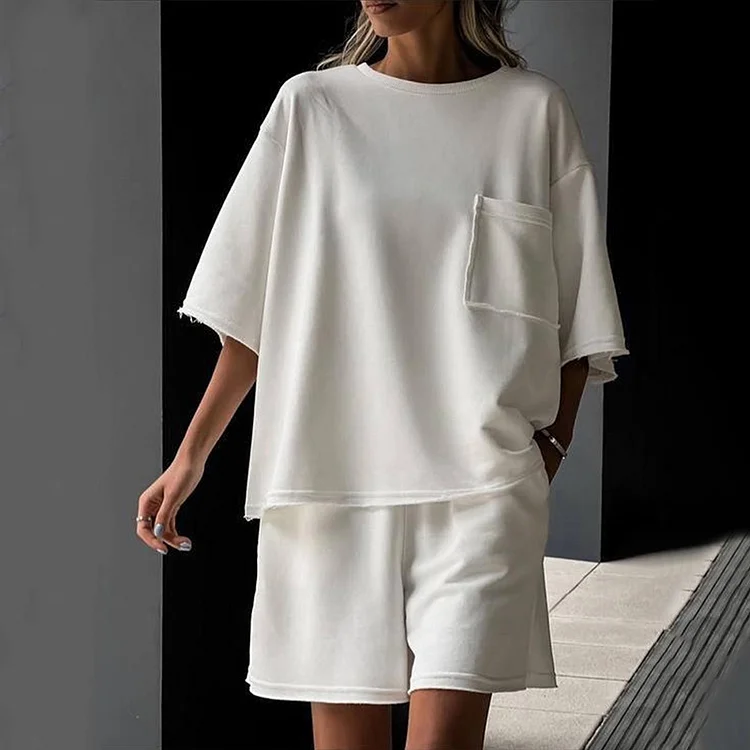 PASUXI Summer Suit for Women - Solid Color Round Neck Short Sleeve Top & Elastic Sports Shorts Two-Piece Set huanwei