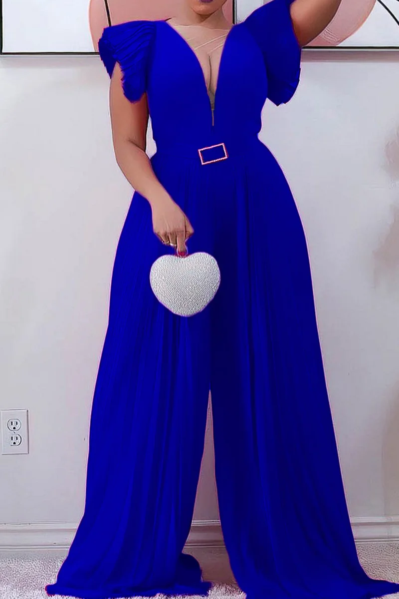 Blue Fashion Casual Solid Patchwork O Neck Regular Jumpsuits (Without Belt)