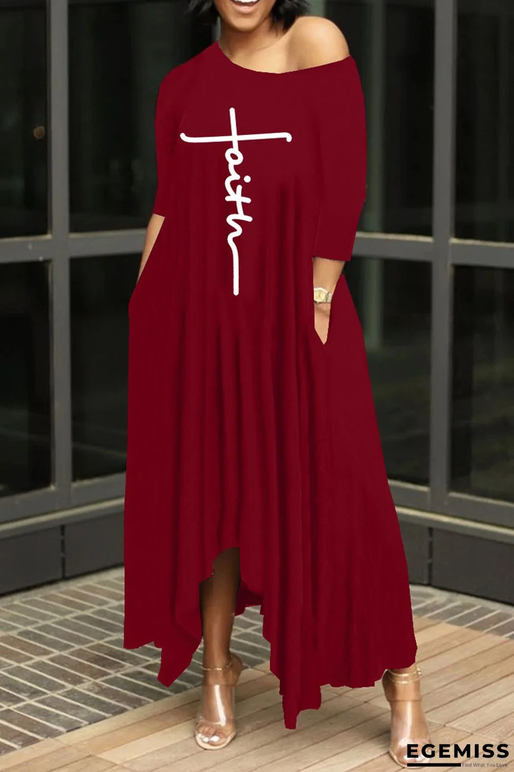 Burgundy Fashion Casual Print Basic Oblique Collar Irregular Dress | EGEMISS