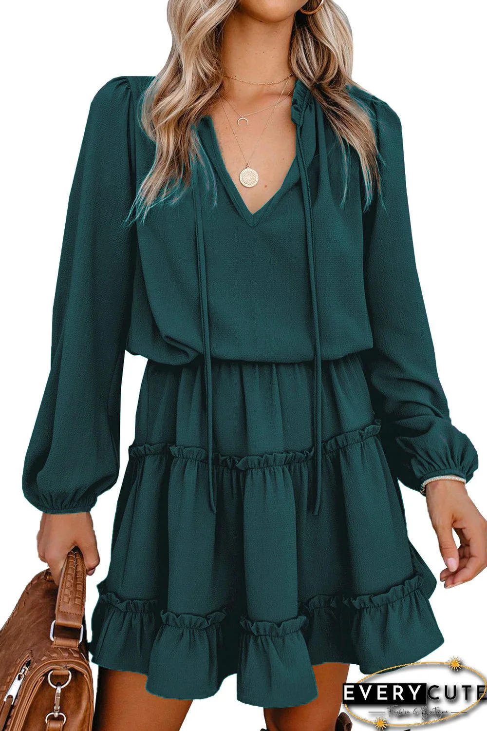 Cute V Neck Long Sleeve Ruffle Tiered Mini Dress