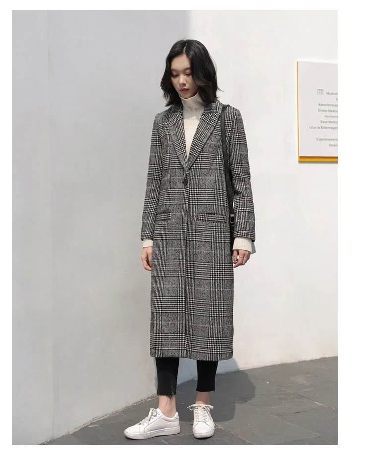 Spring Autumn Women Wool Plaid Coat New Fashion Long Woolen Coat  Female Winter Wool Jackets Female Outwear