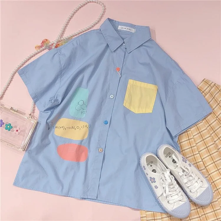 Sweet Blend Color Pocket  Preppy Style Short Sleeve Shirt SP15455