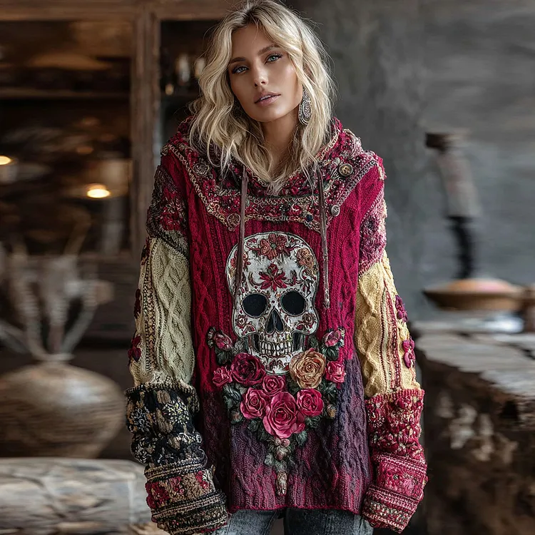 Bohemian Rose And Skull Inspired Colorblock Design Cozy Knit Hooded Sweater