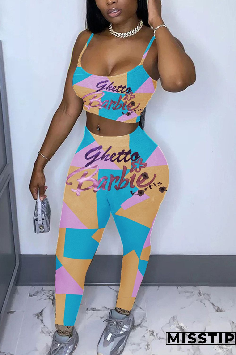 colour Casual Print pencil Sleeveless Two Pieces