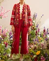 Red Threadwork And Cutwork Pants And Top Two Piece Set