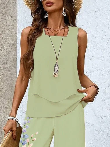 Women's Sleeveless Square Collar Graphic Printed Casual Set