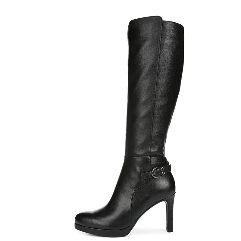 TAAFO Black Platform Women Knee Long Boots High Thin Heels Round Toe Zipper  Ladies Buckle Shoes