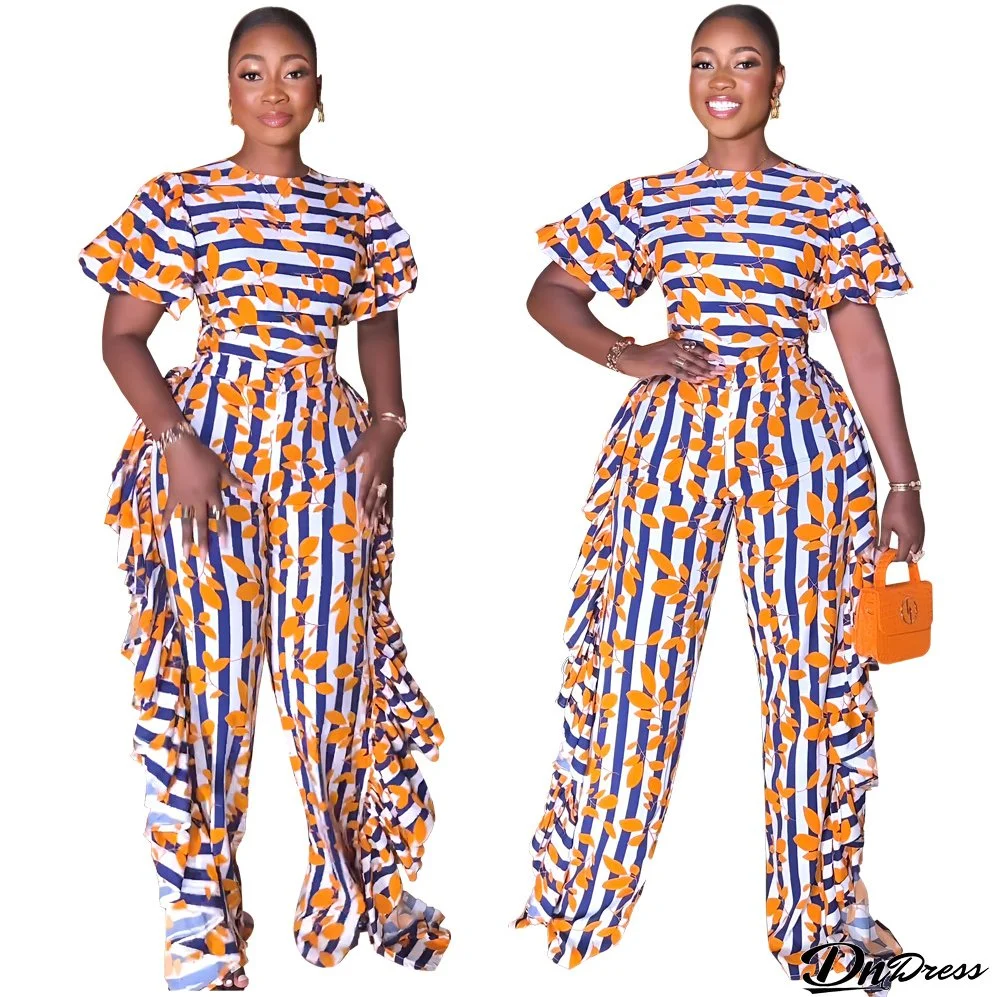 Chic Puff Sleeve Elegant Ruffled High Waist Overalls Straight Leg Trousers Women's Jumpsuit