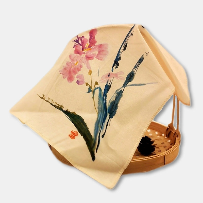 Chinese Painting Flower Handkerchief Pure Cotton Square Scarf Classical Gift