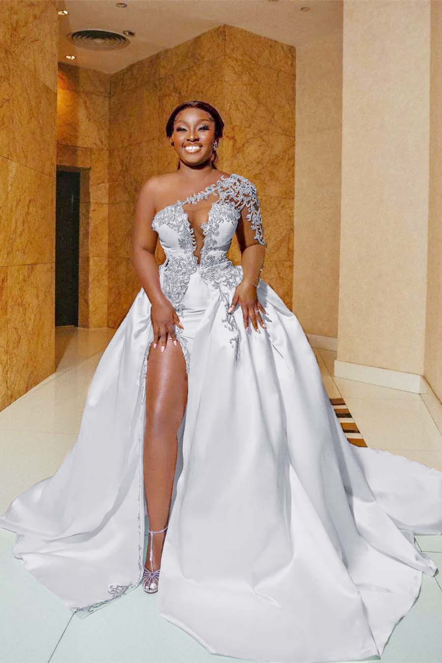 Oknass One Shoulder Sleeveless Long Split Prom Dress With Appliques