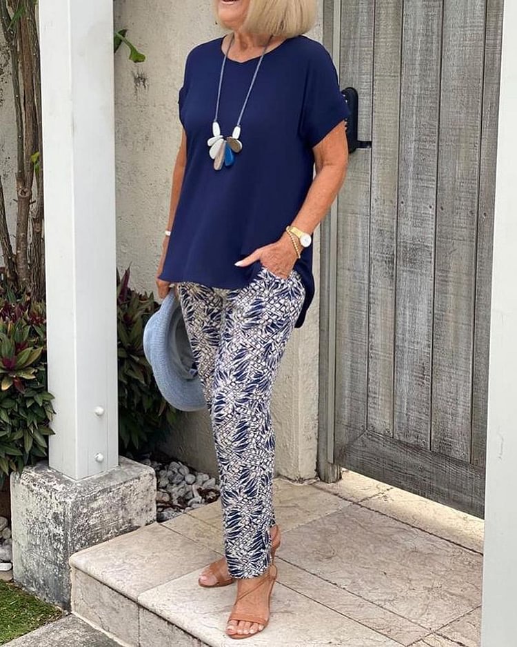 Solid Color Loose T-Shirt Floral Print Pants Two-Piece Suit