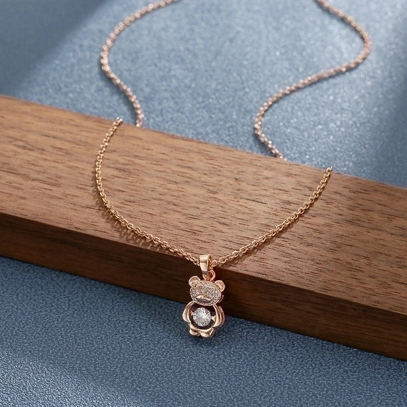 Cute Sweet Little Bear Titanium Steel Plating Inlay 18K Gold Plated Zircon Pendant Necklace