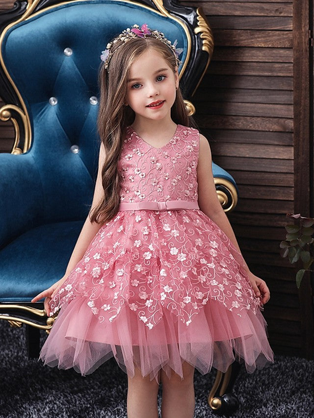 Oknass Ball Gown Sleeveless V Neck Flower Girl Dresses Tulle With Sash Ribbon Bow Appliques