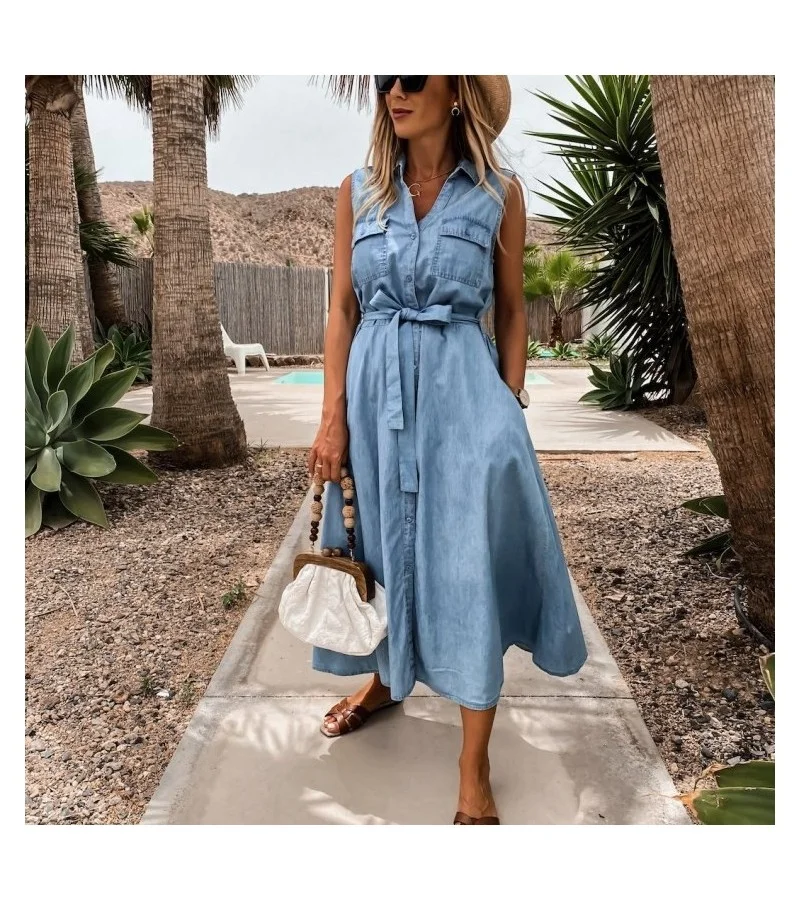 Women Casual Sleeveless Single-Breasted Denim Midi Dress S-XL