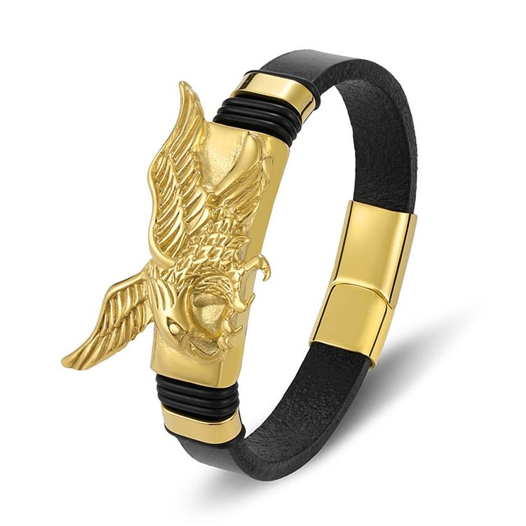 YOY-Gold Black Leather  Men  Eagles  Animal Magnetic  Bracelet