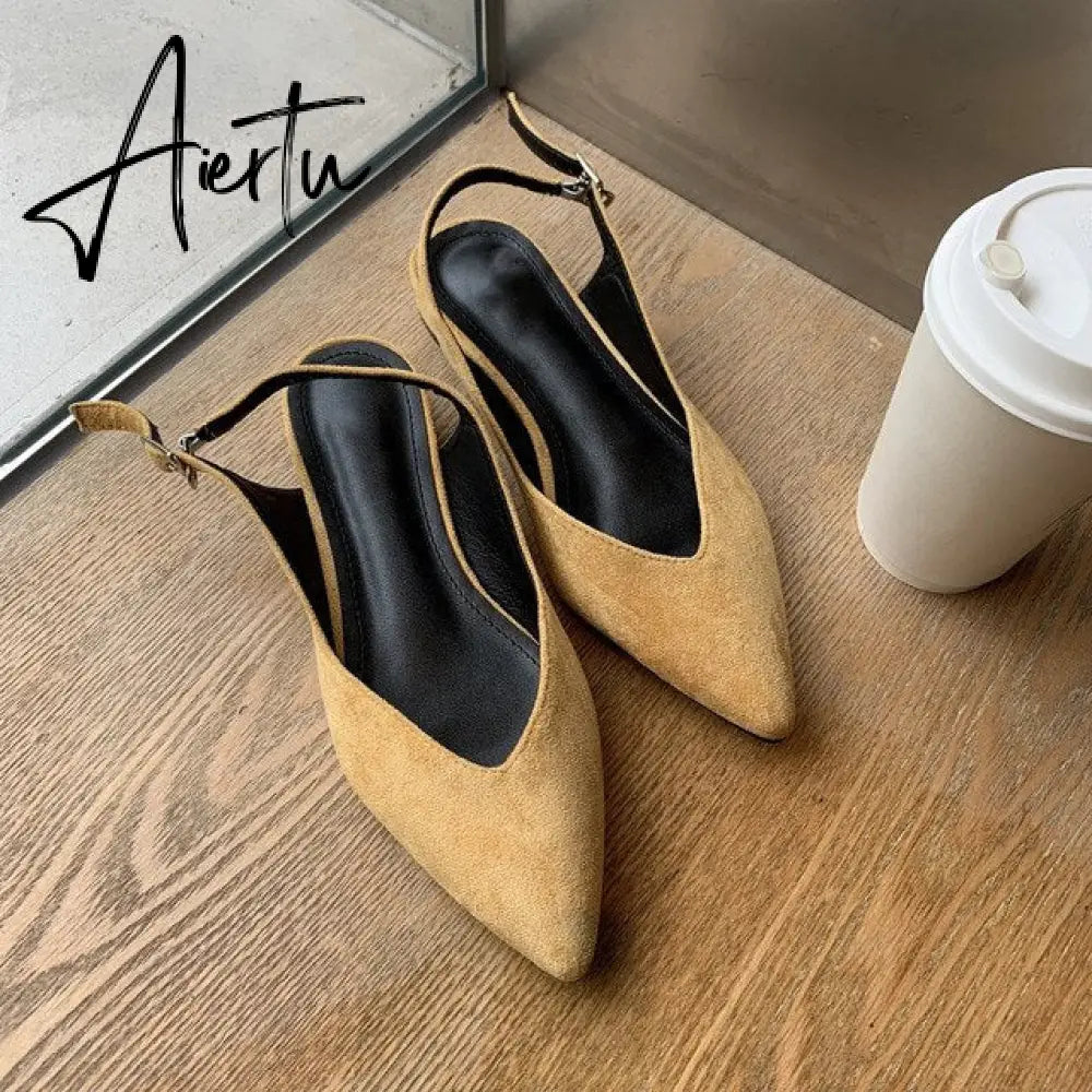 Aiertu Black Low Heels Women Pumps Buckle Flock Dress Casual Ladies Shoes Pointed Toe Slingbacks Spring Large 41 Court Shoes Aiertu