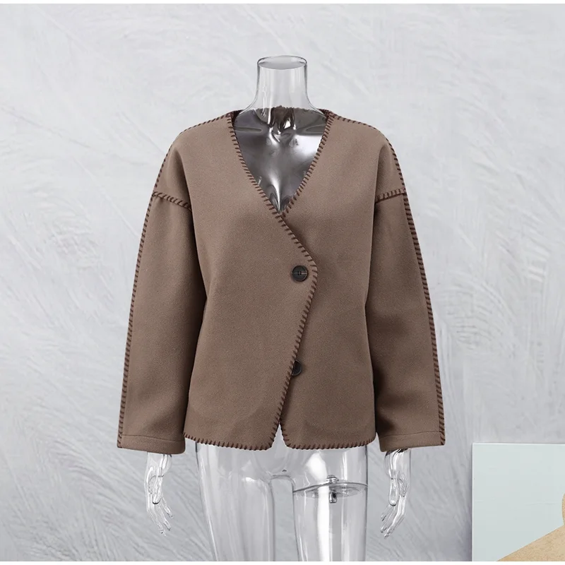 Breakj Brown Cropped Cotton Jackets Casual Fashion Long Seeve Cardigan Coat Women 2023 Ins New Commuter Female's Woolen Coats