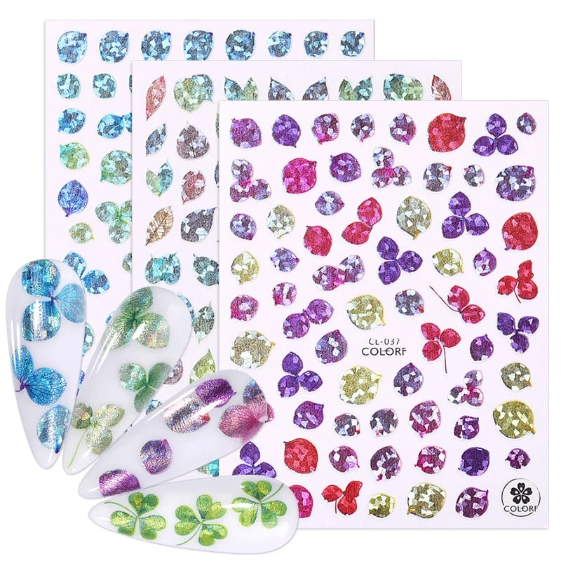 3D Nail Stickers Fan Leaf Dried Flower Shiny Sliders Nail Art Decorations Lucky Clover Fashion Foil Manicures