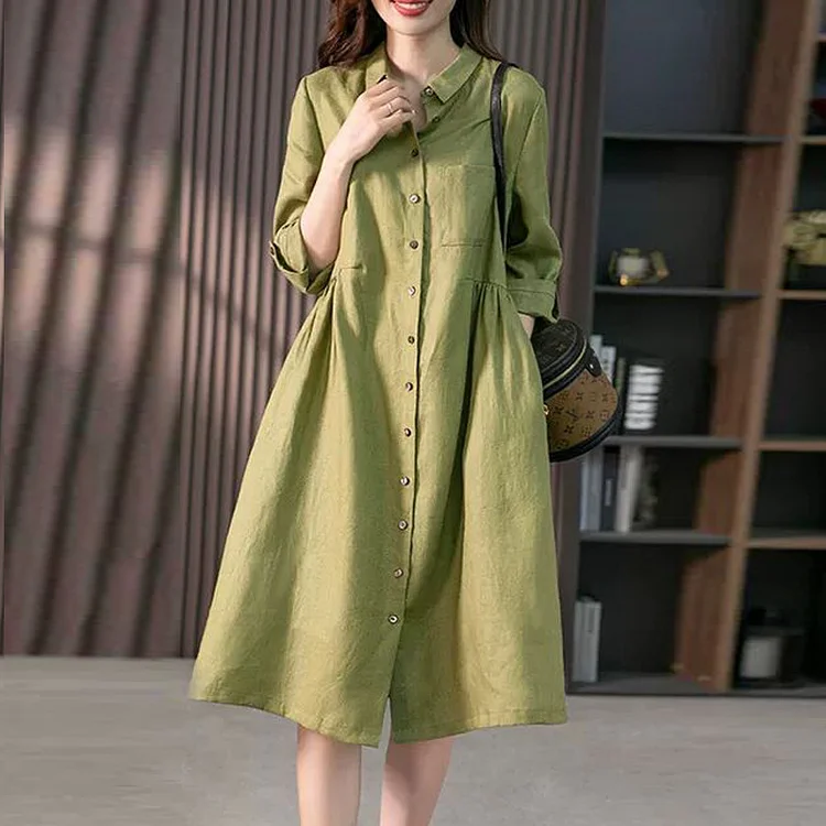 Women's Cotton Linen Midi Dress Lapel Single Breasted Long Sleeve Shirt Dress