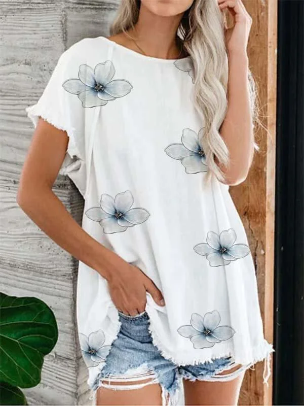 Cotton-Blend Casual Floral-Print Crew Neck Shirts & Tops