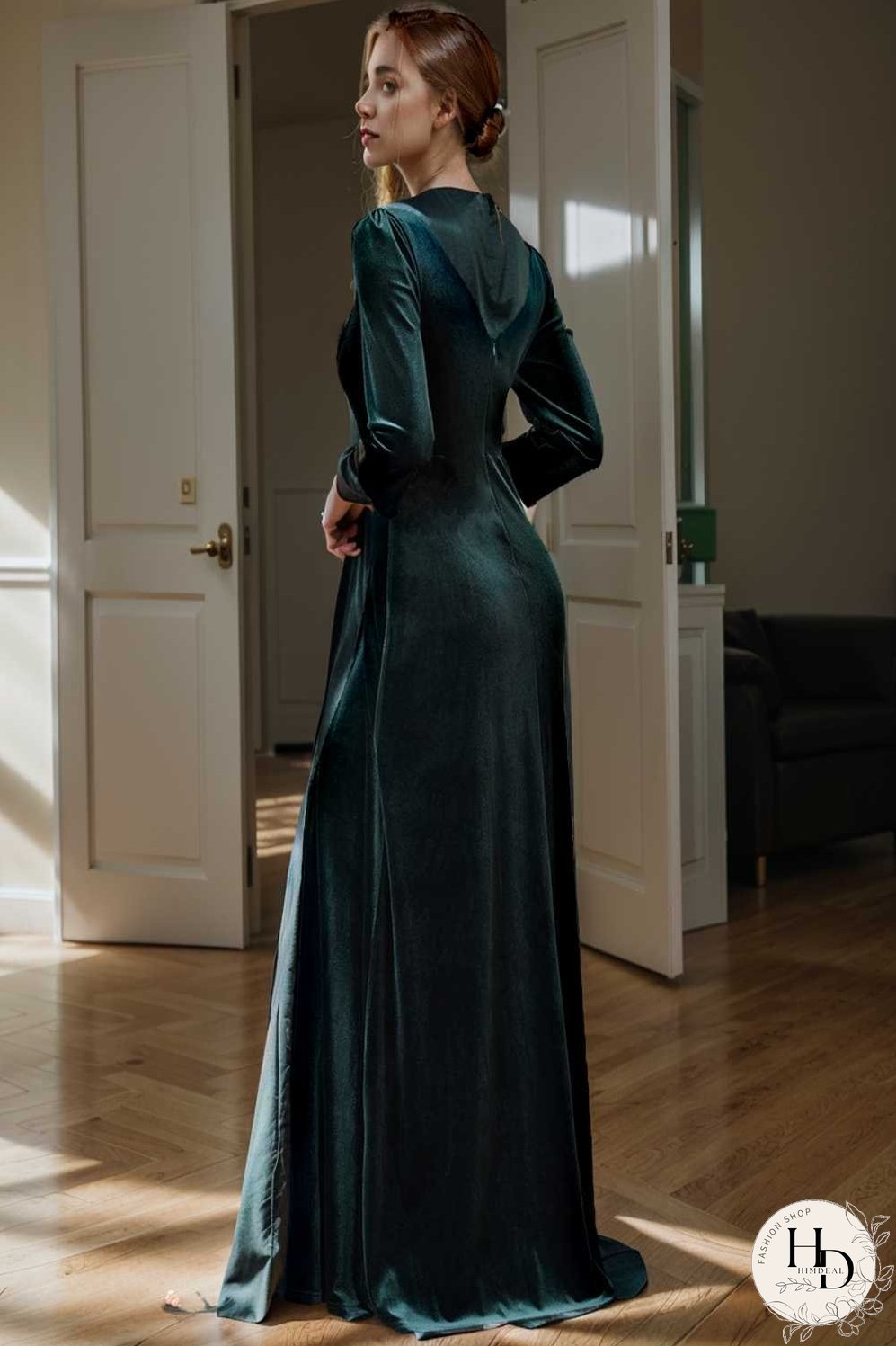 velvet 3 4 length sleeve illusion v neck front slit evening dress