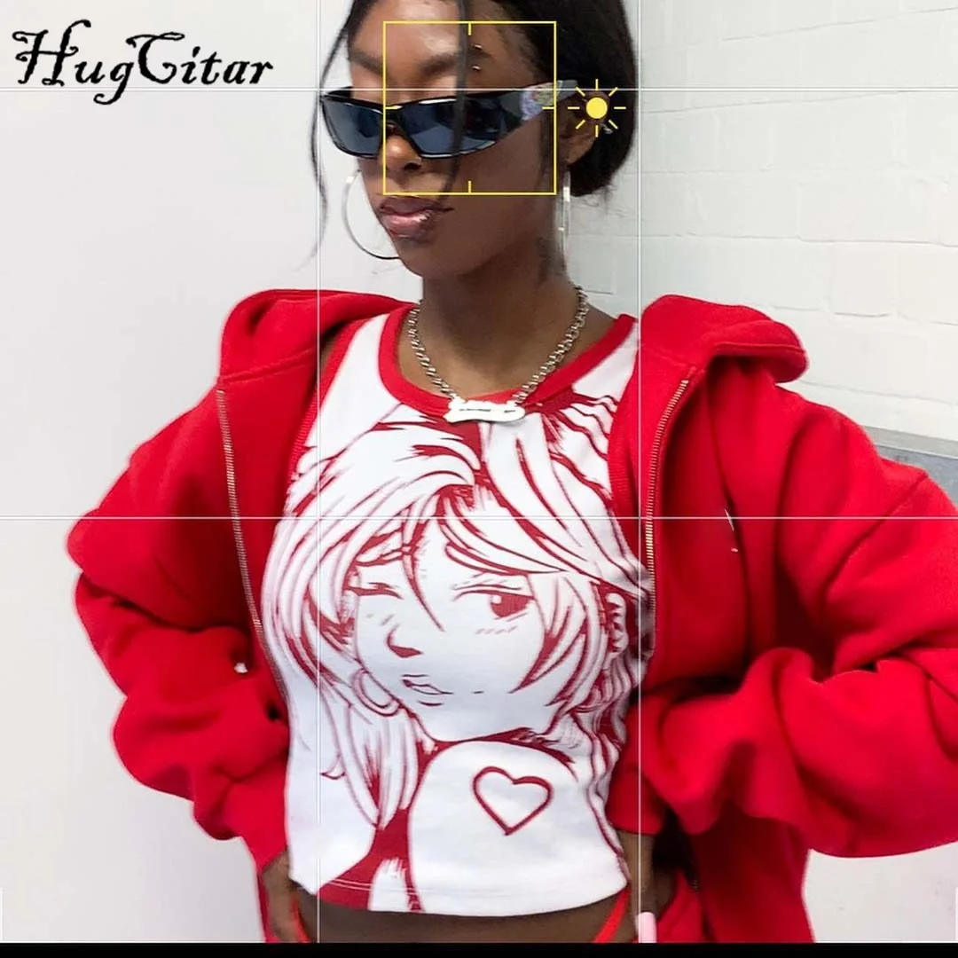 Hugcitar 2021 O-Neck Sleeveless Letter Cartoon Print Short Tshirt Summer Women Fashion Streetwear Casual Tees Y2K